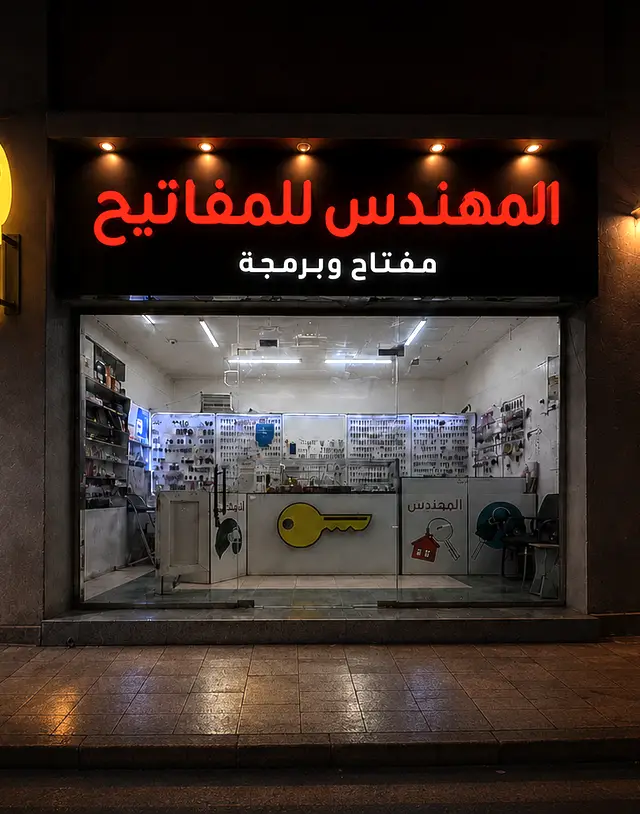 واجهة محل المهندس للمفاتيح في المدينة المنورة ليلاً