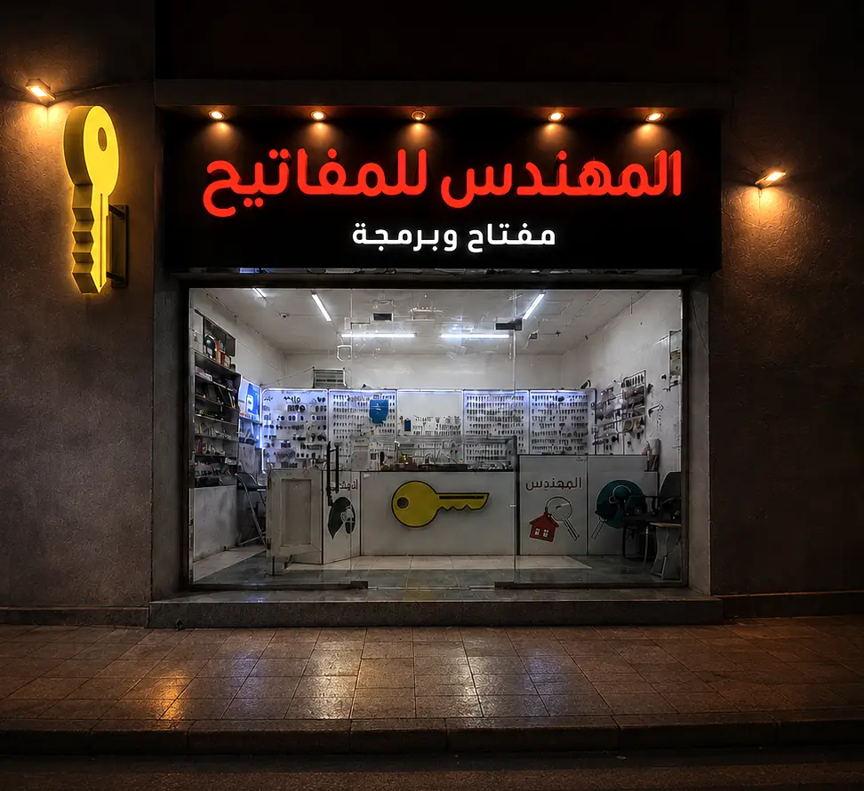 واجهة محل المهندس للمفاتيح في المدينة المنورة ليلاً